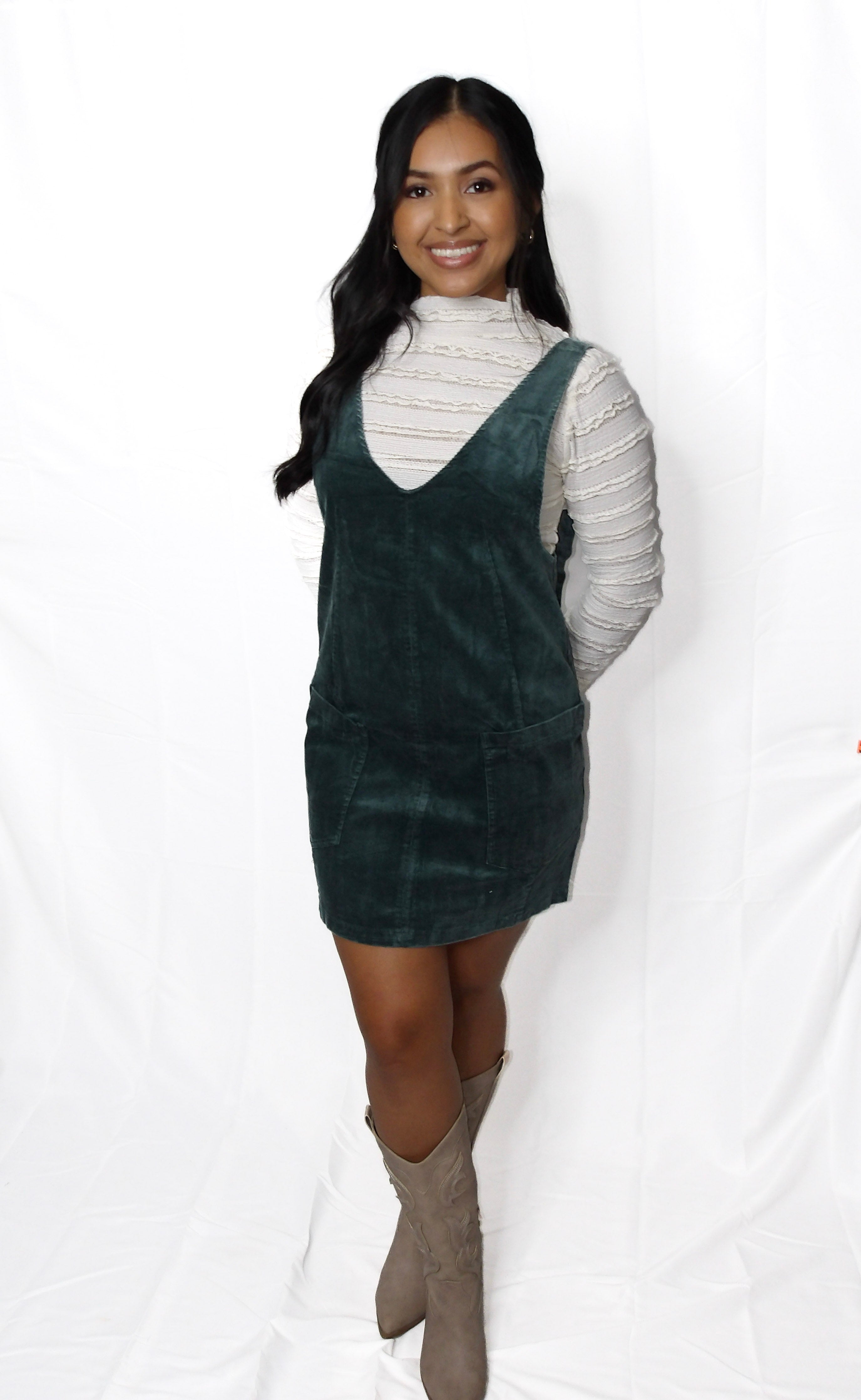 emerald green corduroy dress Ros Panelled Cord Midi Dress-Green Fir